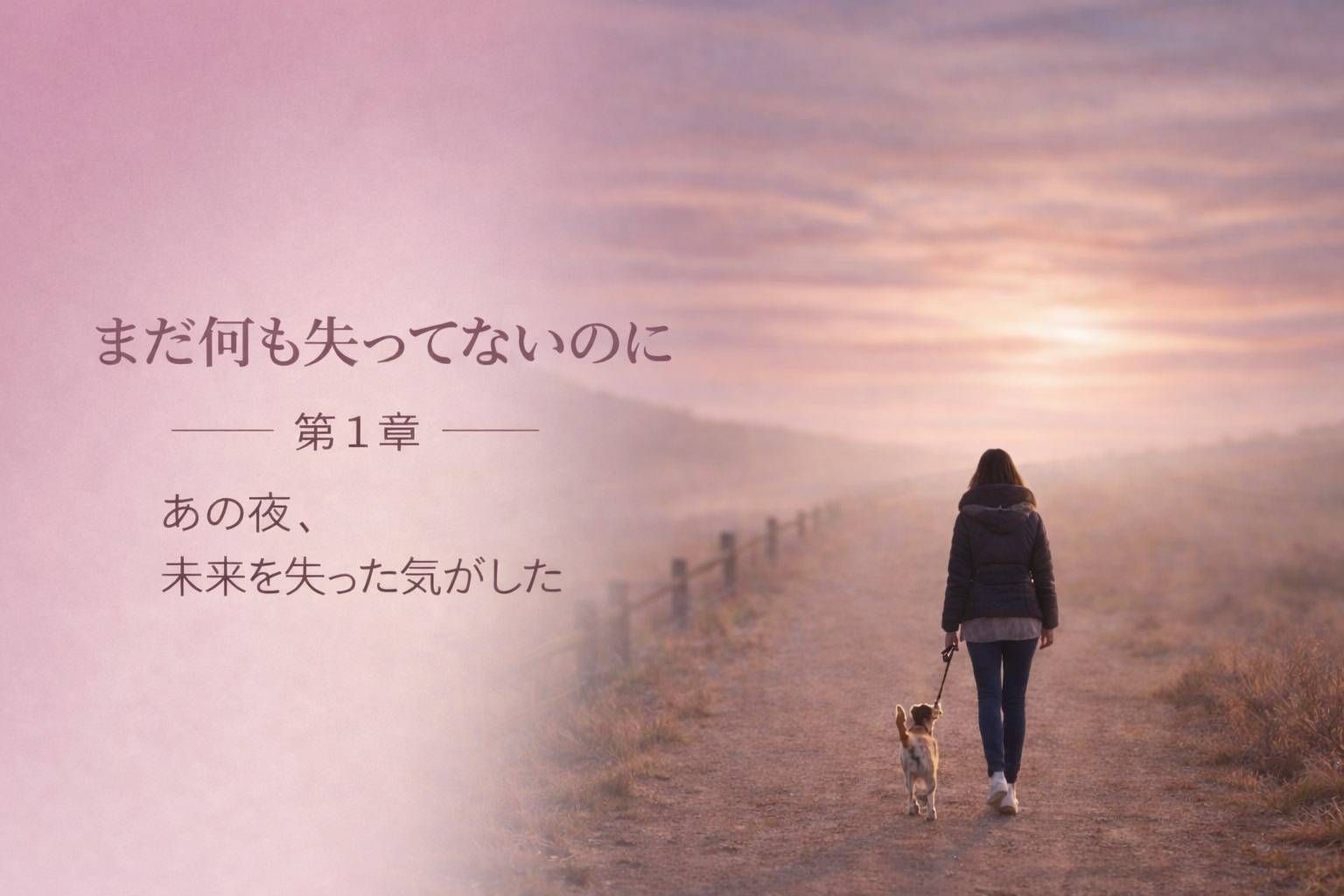 夕焼けの道を犬と一緒に歩く女性の後ろ姿。未来への不安と向き合っていた日々を表した情景写真。