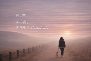 朝焼けの道を歩く女性とジャックラッセルテリアのラム。不安の中で始まった日々