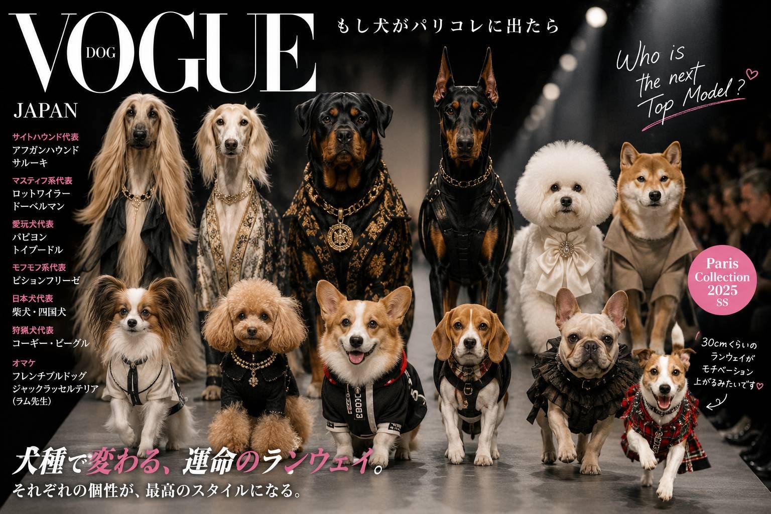 犬種ごとに異なるファッションブランド風スタイルでランウェイを歩く犬たちのVOGUE風アイキャッチ画像