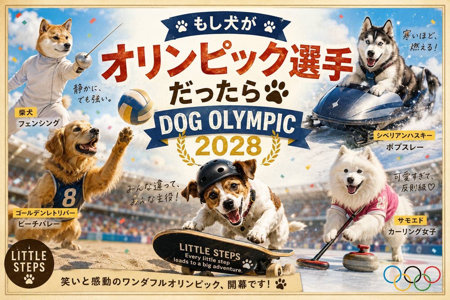 オリンピック競技に挑戦する犬たちのユーモラスな集合アイキャッチ。スケボーをするジャックラッセルテリア、フェンシングをする柴犬、ボブスレーのハスキー、カーリングのサモエドなどが描かれている。