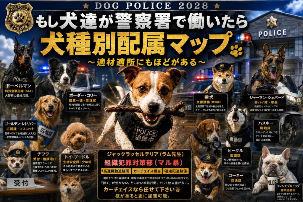 代替テキスト 警察署で働く犬達をイメージした犬種別配属マップのアイキャッチ。中央で枝を咥えて走るジャックラッセルテリアのラム先生を中心に、ドーベルマン、ボーダーコリー、ゴールデンレトリバー、柴犬、シェパード、ハスキーなどが警察の役割ごとに配置された映画ポスター風デザイン。
