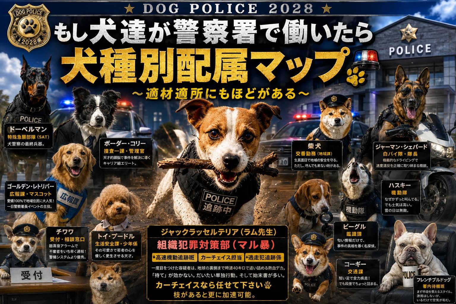 代替テキスト 警察署で働く犬達をイメージした犬種別配属マップのアイキャッチ。中央で枝を咥えて走るジャックラッセルテリアのラム先生を中心に、ドーベルマン、ボーダーコリー、ゴールデンレトリバー、柴犬、シェパード、ハスキーなどが警察の役割ごとに配置された映画ポスター風デザイン。