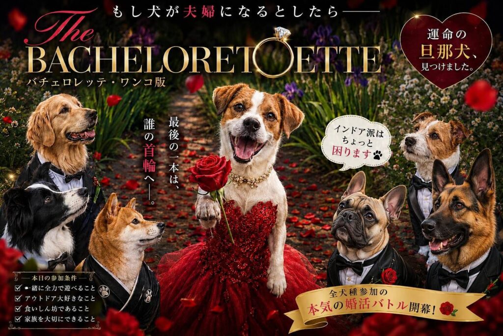 赤いドレス姿のジャックラッセルテリア「ラム先生」が、複数の犬種の旦那候補犬に囲まれながらバチェロレッテ風に薔薇を持っているユーモア系アイキャッチ画像