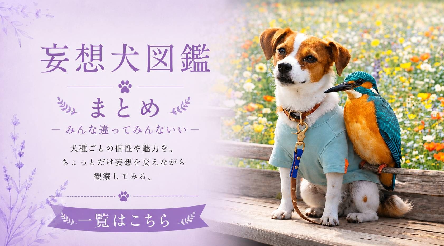 花畑を背景にしたジャックラッセルテリアとカワセミのイラストと共に、「妄想犬図鑑まとめ｜みんな違ってみんないい」と書かれたシリーズまとめアイキャッチ