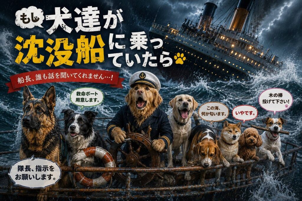 荒波の沈没船で犬種ごとの行動を妄想したコミカルなイラスト。ジャーマンシェパード、ボーダーコリー、ラブラドール、ビーグル、柴犬、ジャックラッセルテリアなどがそれぞれ違う反応を見せている。