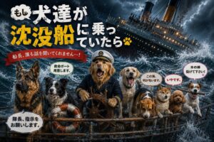 荒波の沈没船で犬種ごとの行動を妄想したコミカルなイラスト。ジャーマンシェパード、ボーダーコリー、ラブラドール、ビーグル、柴犬、ジャックラッセルテリアなどがそれぞれ違う反応を見せている。