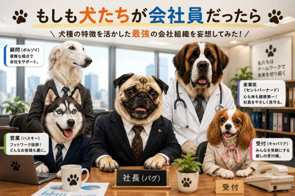 パグ社長を中心に、ボルゾイ顧問、ハスキー営業、セントバーナード産業医、キャバリア受付が集まった犬たちの会社組織をイメージしたイラスト