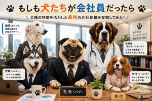 パグ社長を中心に、ボルゾイ顧問、ハスキー営業、セントバーナード産業医、キャバリア受付が集まった犬たちの会社組織をイメージしたイラスト