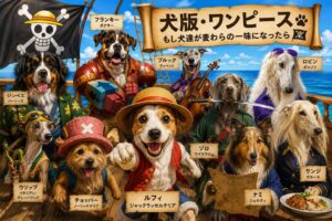犬版ワンピースの麦わらの一味を犬種で再現した集合イラスト。ジャックラッセルテリア、シェルティ、ワイマラナー、ボルゾイ、バーニーズなどが海賊船に集結している。