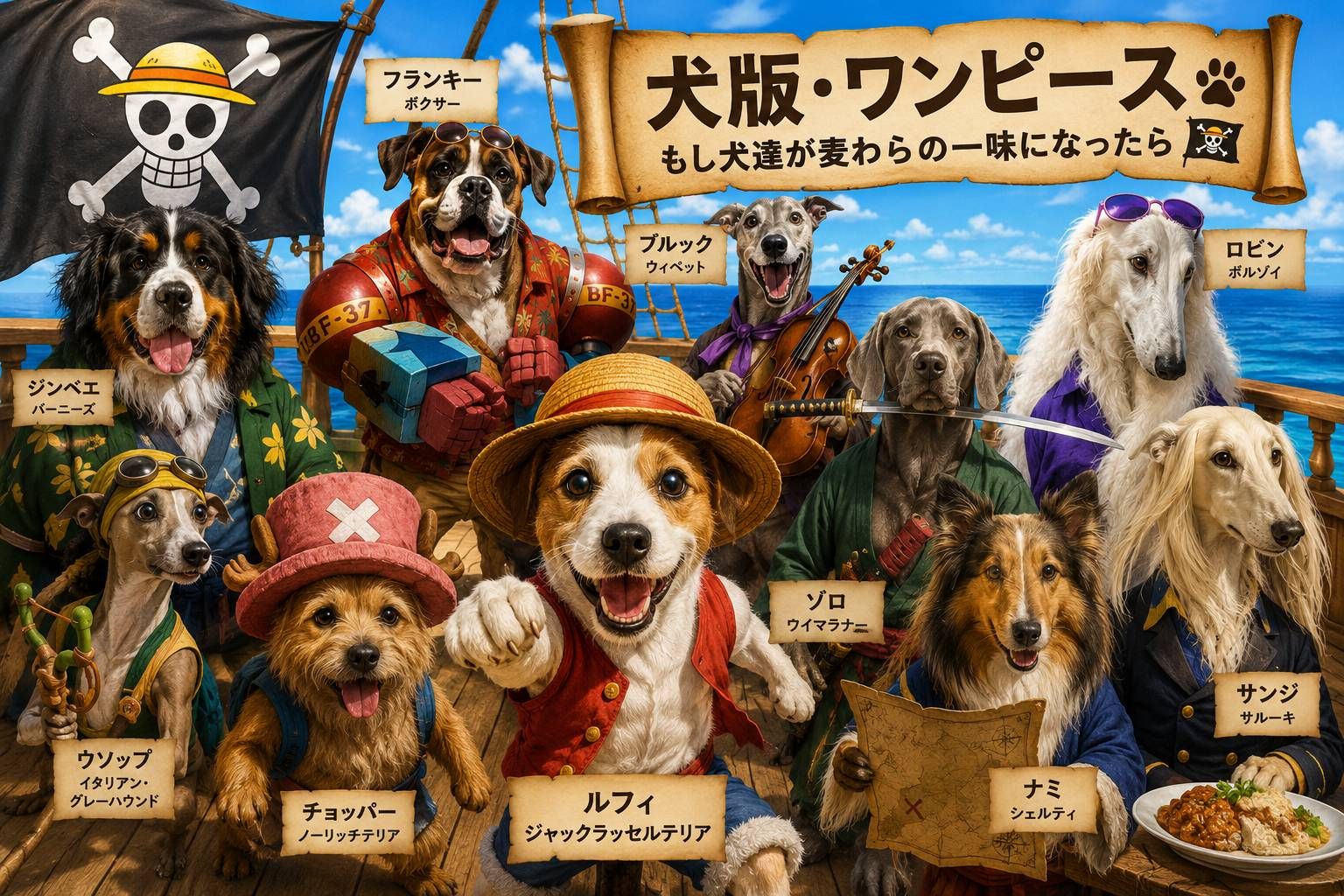 犬版ワンピースの麦わらの一味を犬種で再現した集合イラスト。ジャックラッセルテリア、シェルティ、ワイマラナー、ボルゾイ、バーニーズなどが海賊船に集結している。