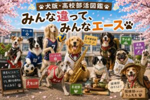 高校の部活動に所属する犬たちをイメージした集合イラスト。吹奏楽部のゴールデンレトリバー、サッカー部のボーダーコリー、陸上部のグレイハウンド、茶道部の狆、登山部のバーニーズ、軽音楽部のジャックラッセルテリア、探検部のラム先生が桜咲く校舎前に集合している様子。