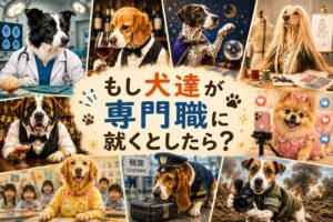 もし犬達が専門職に就いたらをテーマに、脳外科医、ソムリエ、占い師、デザイナー、BARマスター、幼稚園の先生、SNSインフルエンサー、税関職員、戦場カメラマンになった犬達を描いたアイキャッチ画像