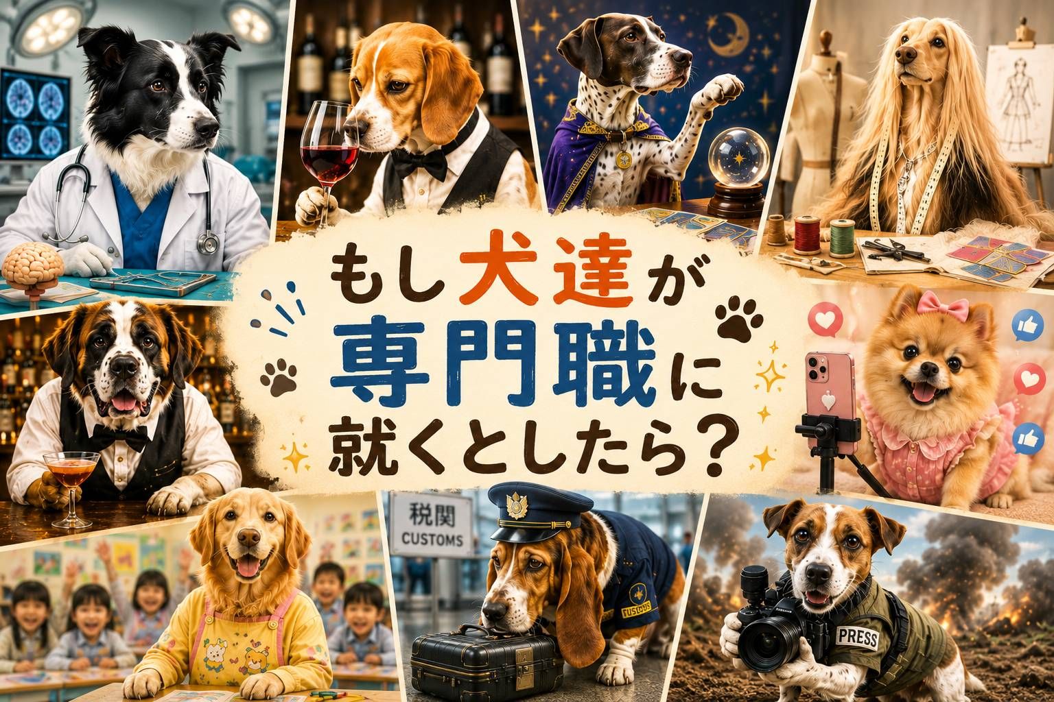 もし犬達が専門職に就いたらをテーマに、脳外科医、ソムリエ、占い師、デザイナー、BARマスター、幼稚園の先生、SNSインフルエンサー、税関職員、戦場カメラマンになった犬達を描いたアイキャッチ画像