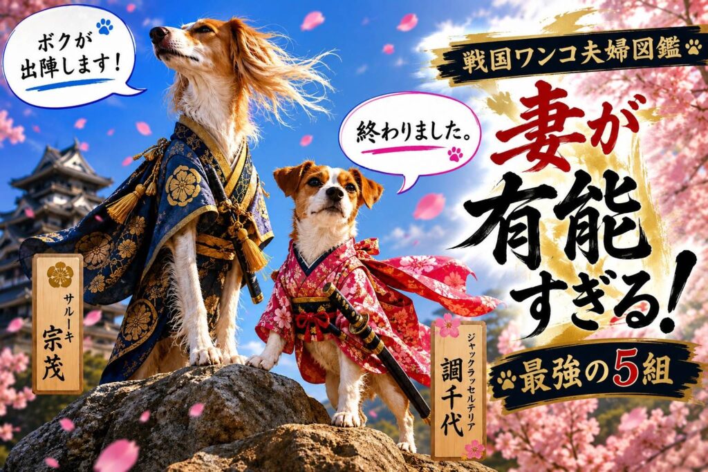 戦国武将とその妻を犬種に当てはめた妄想犬図鑑。サルーキ宗茂とジャックラッセルテリア誾千代が着物姿で並び、「妻が有能すぎる！最強の5組」を紹介するアイキャッチ。