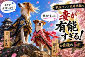 戦国武将とその妻を犬種に当てはめた妄想犬図鑑。サルーキ宗茂とジャックラッセルテリア誾千代が着物姿で並び、「妻が有能すぎる！最強の5組」を紹介するアイキャッチ。