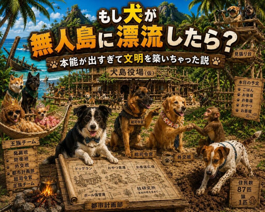 無人島で役割分担しながら文明を築く犬たちを描いたアイキャッチ。ボーダーコリーが都市計画、ジャーマンシェパードが総司令官、ゴールデンレトリバーが外交、ジャックラッセルテリアが発掘、トイプードルとチワワが王族チームとして描かれている。