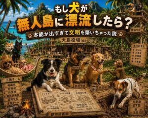 無人島で役割分担しながら文明を築く犬たちを描いたアイキャッチ。ボーダーコリーが都市計画、ジャーマンシェパードが総司令官、ゴールデンレトリバーが外交、ジャックラッセルテリアが発掘、トイプードルとチワワが王族チームとして描かれている。