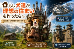 犬種ごとの理想の住まいをテーマにしたイラスト。ジャックラッセルテリアの動く城、ボーダーコリーの宇宙ステーション、ジャーマンシェパードの要塞、紀州犬の一軒家が描かれている。