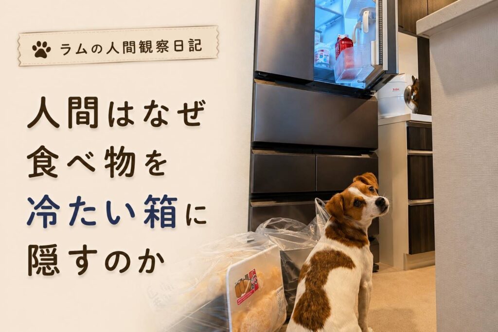 冷蔵庫の前で座り、買い物袋と開いた冷蔵庫を見つめるジャックラッセルテリアのラム