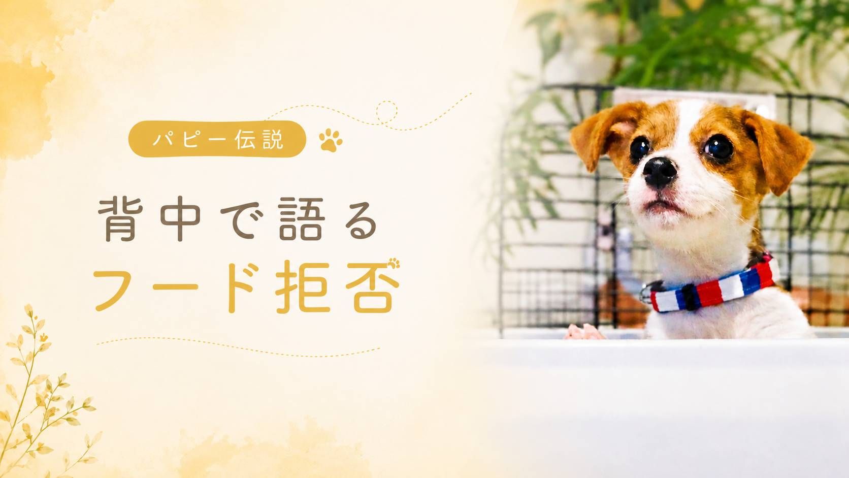 フードを食べない子犬の様子をテーマにしたパピー伝説のアイキャッチ。ジャックラッセルテリアの子犬ラムが前を向いて座っている様子。